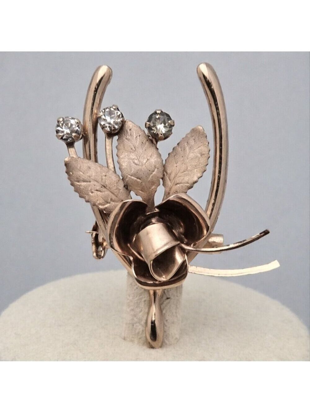 Vintage Rose Floral Wishbone Brooch Gold Tone with Rhinestones